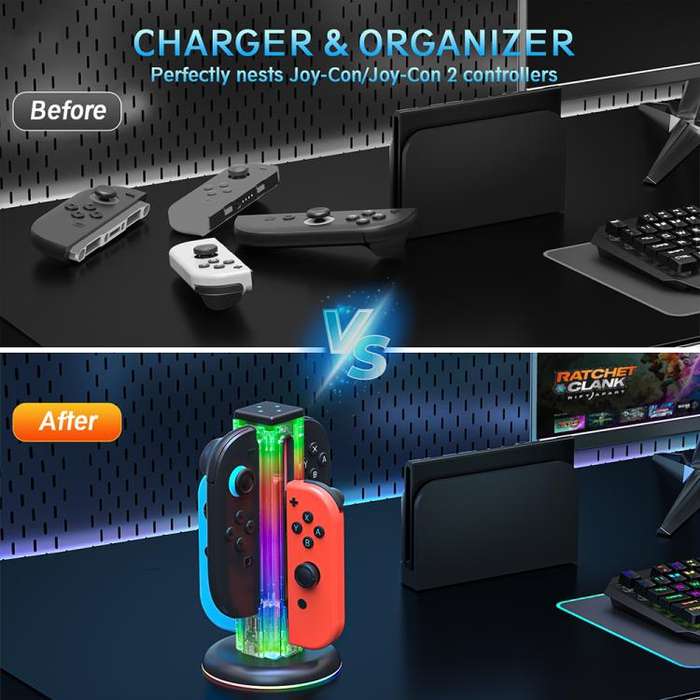 For Nintendo Switch 1 / 2 JYS NS2318 4 in 1 Game Controller Charging Dock with RGB Light(Transpar...