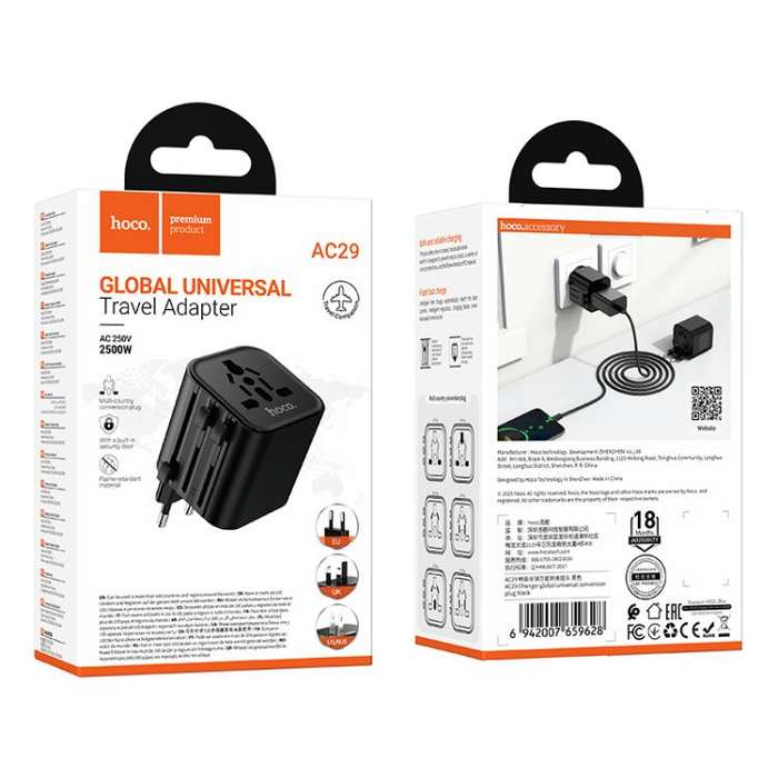 hoco AC29 Global Universal Conversion Plug Travel Adapter Charger(Black)