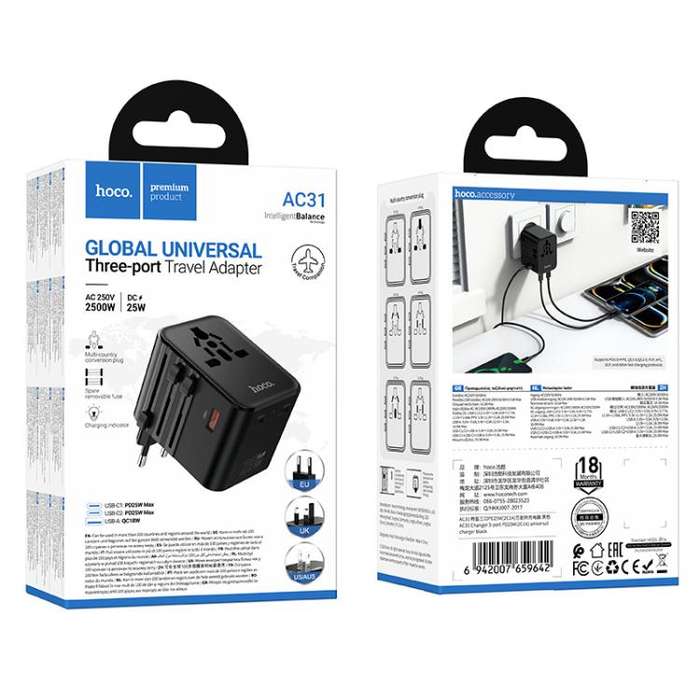 hoco AC31 PD 25W 2 x Type-C and USB-A 3-Ports Global Universal Travel Charger(Black)