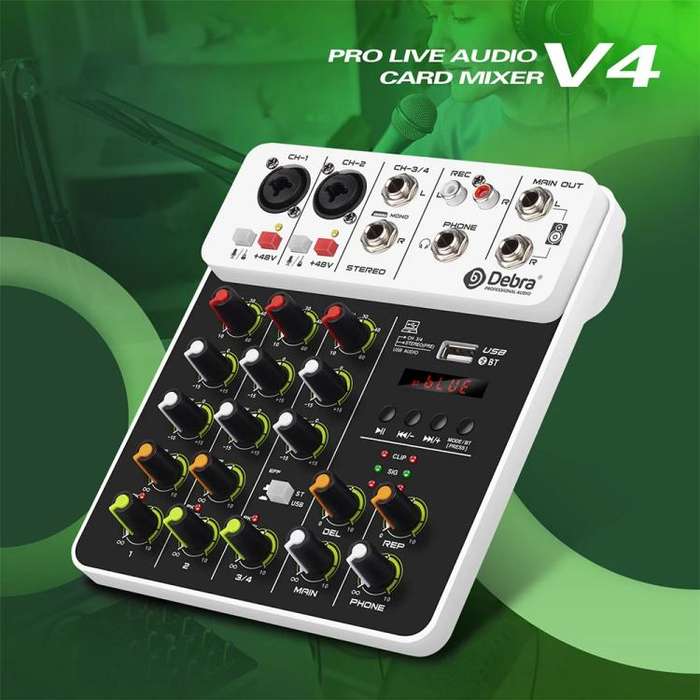 DEBRA V4 4-Channels Audio Mixer with Reverb Sound Card for Live Streaming(EU Plug)