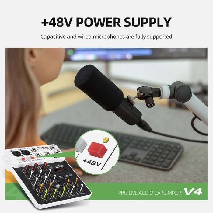 DEBRA V4 4-Channels Audio Mixer with Reverb Sound Card for Live Streaming(EU Plug)