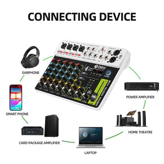 DEBRA V8 8-Channels Audio Mixer Live Recording Reverb(EU Plug)