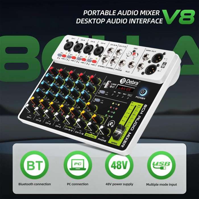 DEBRA V8 8-Channels Audio Mixer Live Recording Reverb(EU Plug)