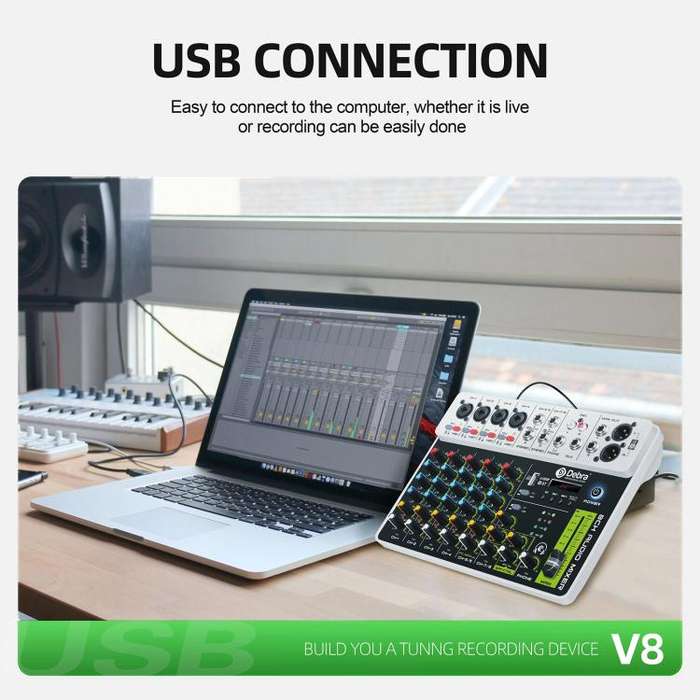 DEBRA V8 8-Channels Audio Mixer Live Recording Reverb(UK Plug)