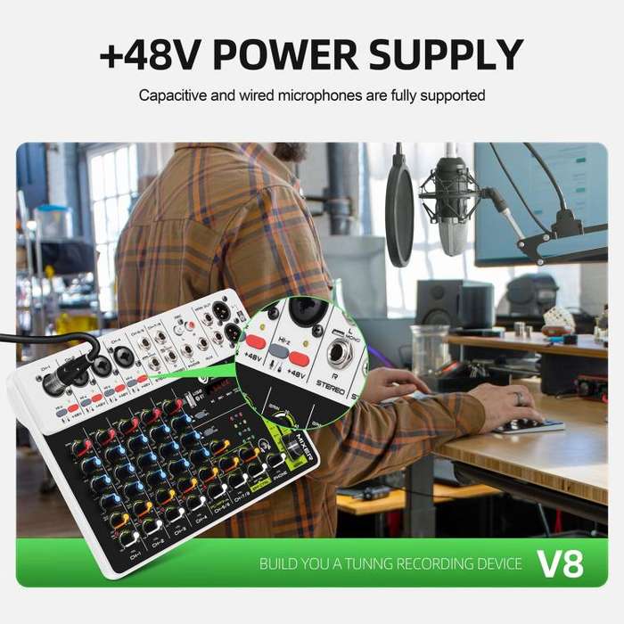 DEBRA V8 8-Channels Audio Mixer Live Recording Reverb(UK Plug)