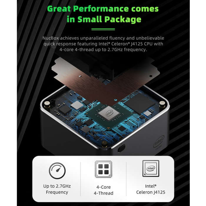 GMK NucBox Windows 10 System Mini PC, Intel Celeron J4125 Quad Core 64bit 14nm 2GHz-2.7GHz, Suppo...