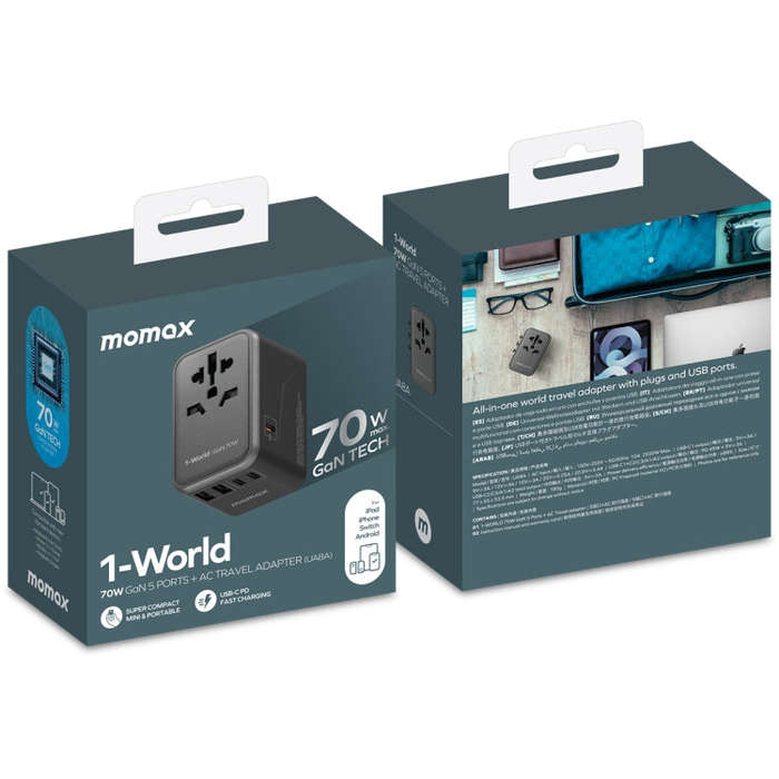 MOMAX 1-World UA8 PD 70W Fast Charger Power Adapter(Black)