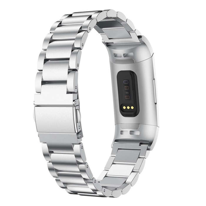 Three Beads Slingshot Buckle Solid Stainless Steel Watch Band for Fitbit Charge 4 (Silver)