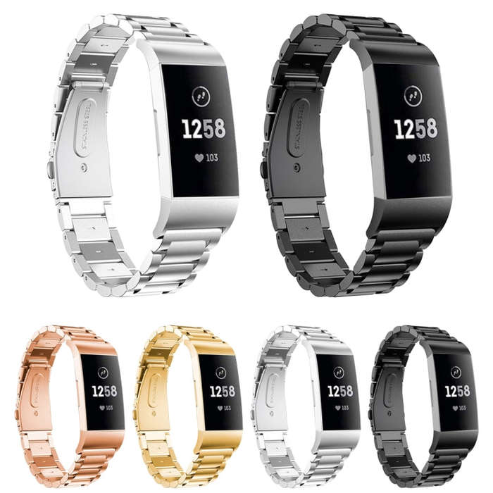 Three Beads Slingshot Buckle Solid Stainless Steel Watch Band for Fitbit Charge 4 (Silver)