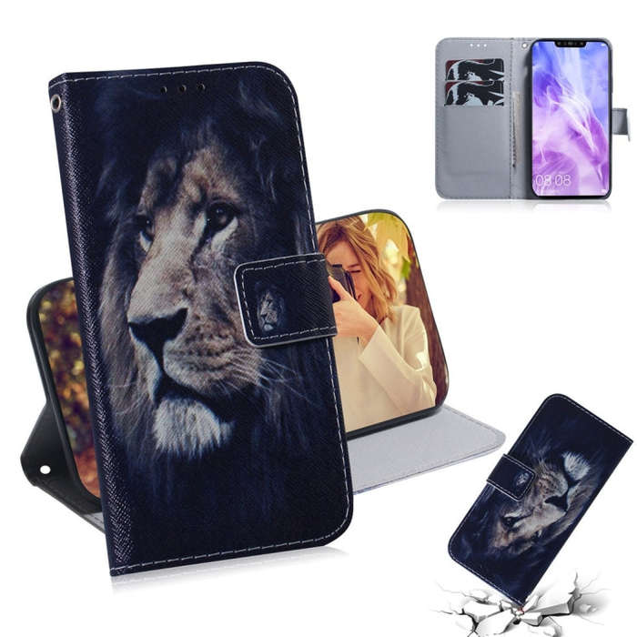 Lion Pattern Coloured Drawing Horizontal Flip Leather Case for Huawei Nova 3, with Holder & Card ...