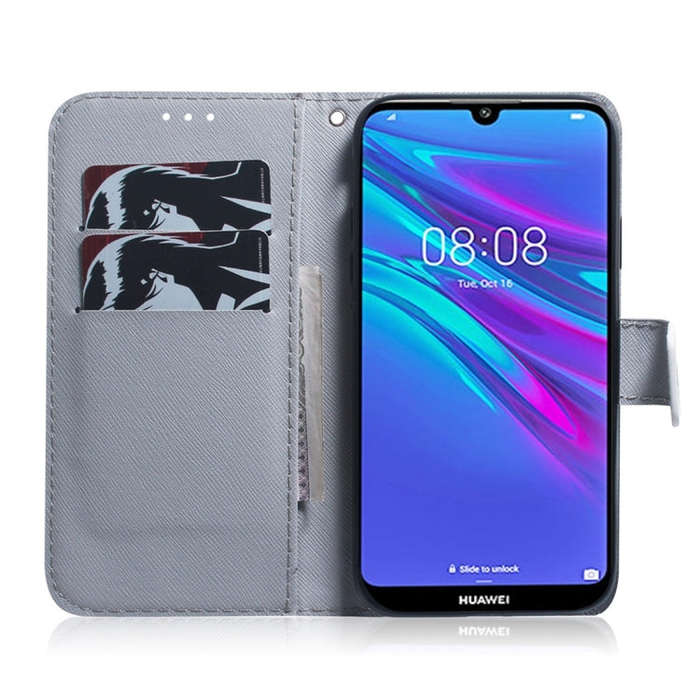 White Wolf Pattern Coloured Drawing Horizontal Flip Leather Case for Huawei Y6 (2019), with Holde...