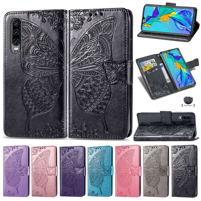 Butterfly Love Flowers Embossing Horizontal Flip Leather Case for Huawei P30, with Holder & Card ...