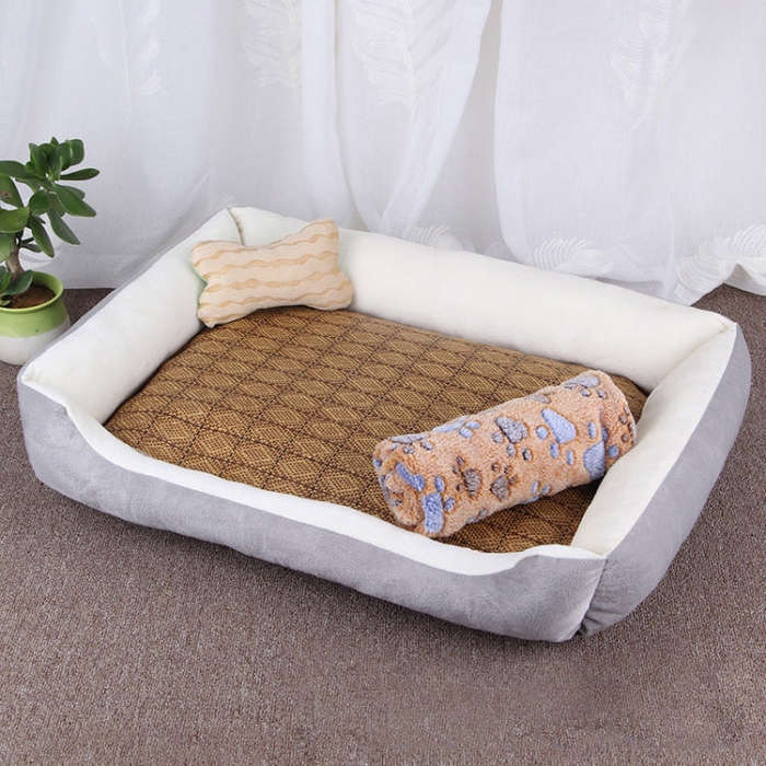Dog Bone Pattern Big Soft Warm Kennel Pet Dog Cat Mat Blanket, with Rattan Mat & Blanket Size: S,...