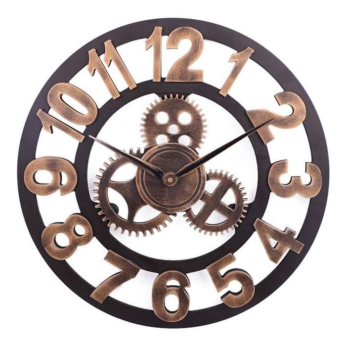 Retro Wooden Round Single-sided Gear Clock Arabic Number Wall Clock, Diameter: 35cm (Gold)