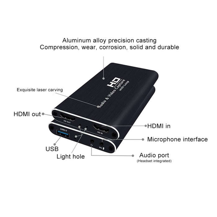 Z34 HDMI Female + Mic to HDMI Female + Audio + USB HD Video & Audio Capture Card with Loop