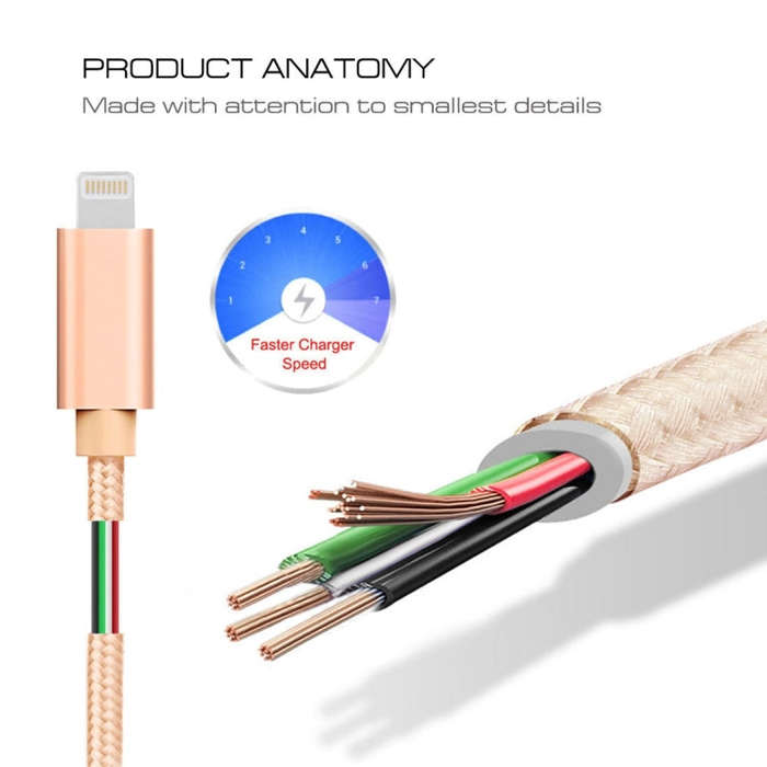 1m 3A Woven Style Metal Head 8 Pin to USB Data / Charger Cable(Gold)