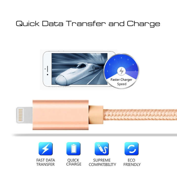 1m 3A Woven Style Metal Head 8 Pin to USB Data / Charger Cable(Gold)