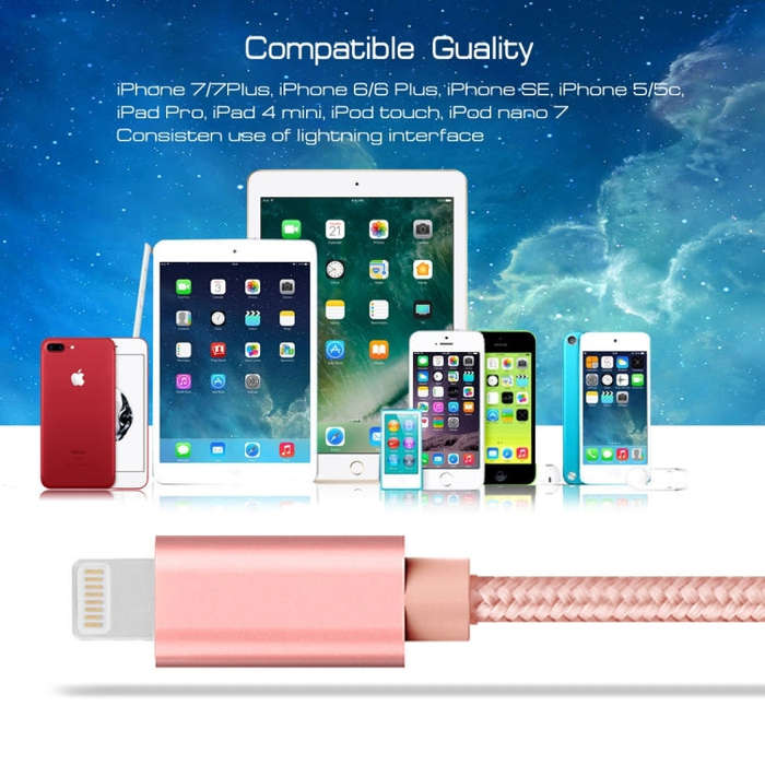3m 3A Woven Style Metal Head 8 Pin to USB Data / Charger Cable(Rose Gold)