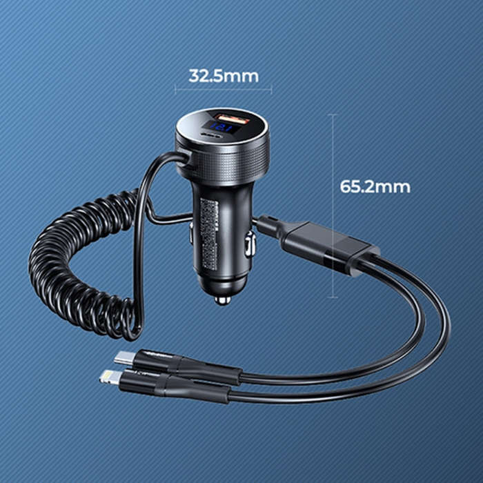 REMAX RCC336 Saga Series 2 in 1 Car 52.5W PD Fast Charger with USB-C / Type-C + 8 Pin Spring Cable
