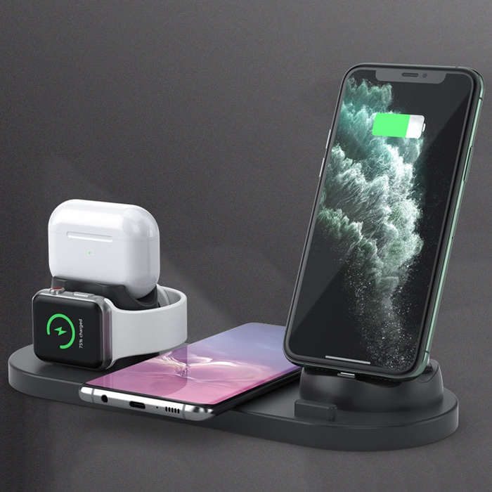 6 in 1 10W Qi Standard Wireless Charger Stand (Black)