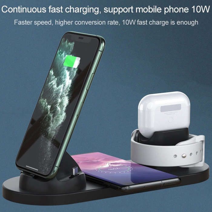 6 in 1 10W Qi Standard Wireless Charger Stand (Black)