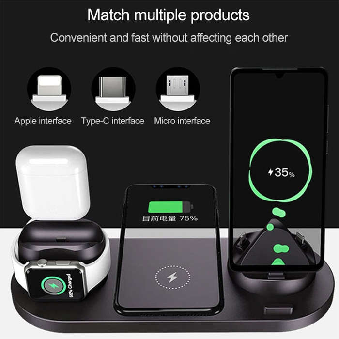 6 in 1 10W Qi Standard Wireless Charger Stand (Black)