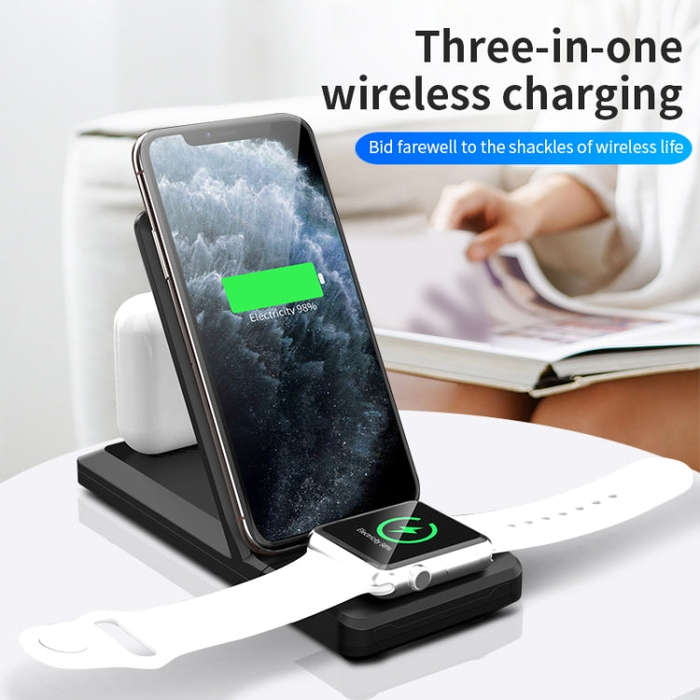 H6 3 in 1 Portable Folding Wireless Charger for iPhone + iWatch + AirPods(Black)