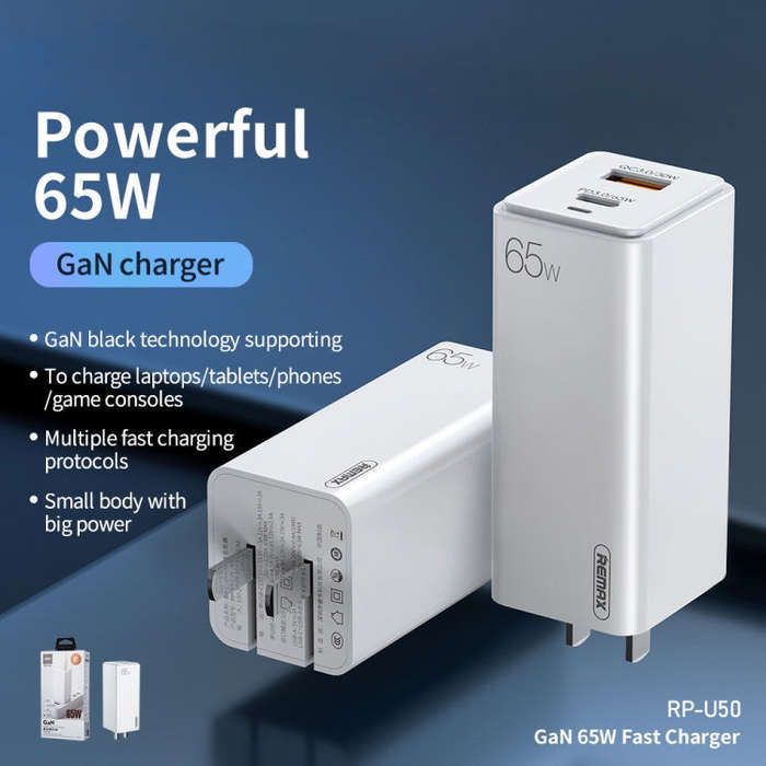 REMAX RP-U50 GaN  65W PD + QC 3.0 Type-C+ USB Port Fast Charger (US)(White)