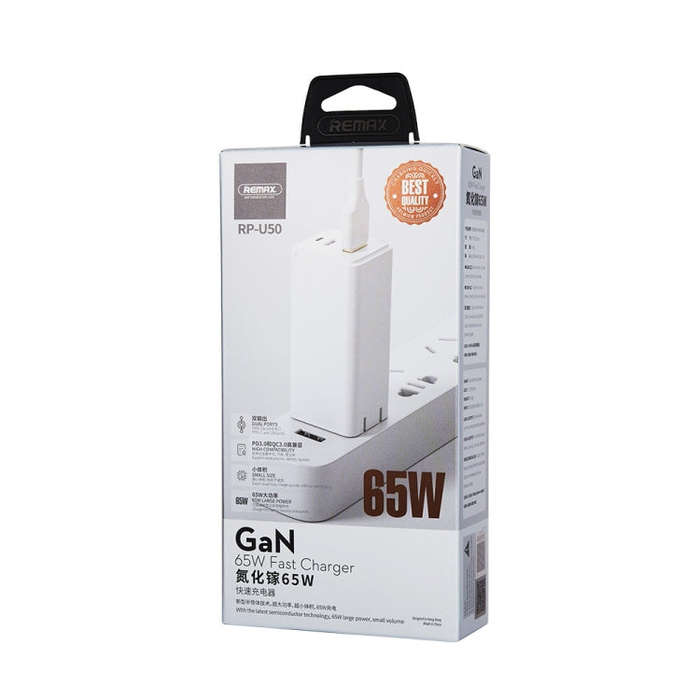 REMAX RP-U50 GaN  65W PD + QC 3.0 Type-C+ USB Port Fast Charger (US)(White)