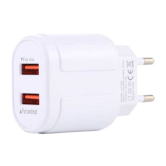 LZ-022 5V 2.4A Dual USB Ports Travel Charger, EU Plug (White)