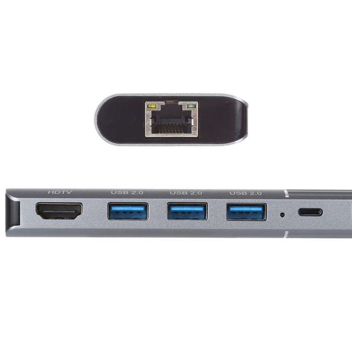 6 in 1 USB 2.0 x 3 + HDMI + RJ45 + 8 Pin Female Charging Port to 8 Pin Male Multi-function Dock S...