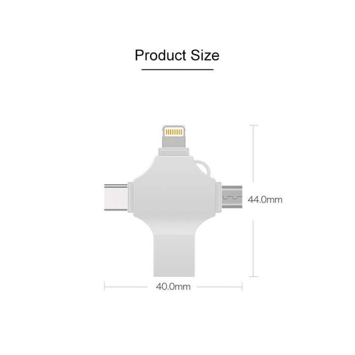 Cross 4 in 1 32GB 8 Pin + Micro USB + USB-C / Type-C + USB 3.0 Metal Flash Disk(Silver)