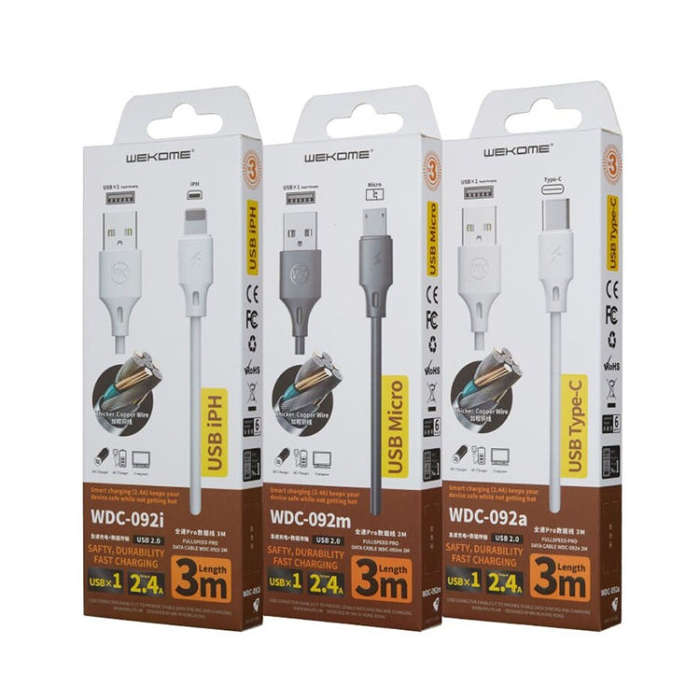WK WDC-092 3m 2.4A Max Output Full Speed Pro Series USB to 8 Pin Data Sync Charging Cable(White)