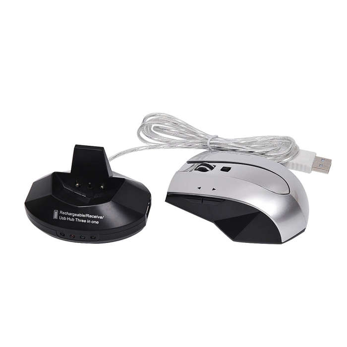 MZ-011 2.4GHz 1600DPI Wireless Rechargeable Optical Mouse with HUB Function(Black Silver)