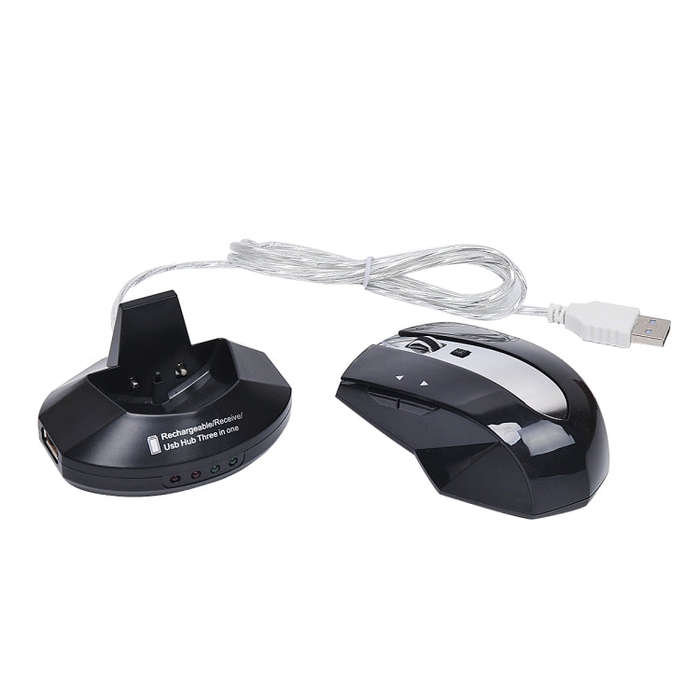 MZ-011 2.4GHz 1600DPI Wireless Rechargeable Optical Mouse with HUB Function(Black)