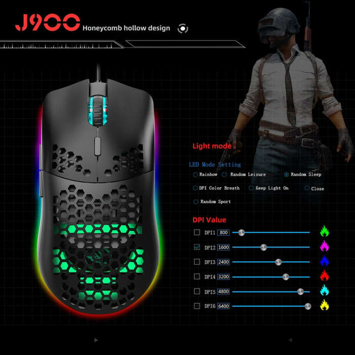 HXSJ J900 6 Keys RGB Lighting Programmable Gaming Wired Mouse (Black)