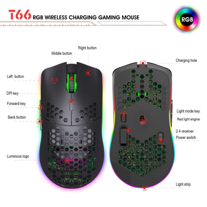 HXSJ T66 7 Keys Colorful Lighting Programmable Gaming Wireless Mouse (White)