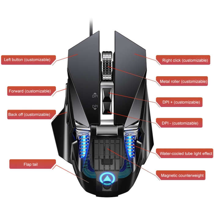 YINDIAO G10 7200DPI 7-modes Adjustable 7-keys RGB Light Wired Metal Mechanical Hard Core Macro Mo...