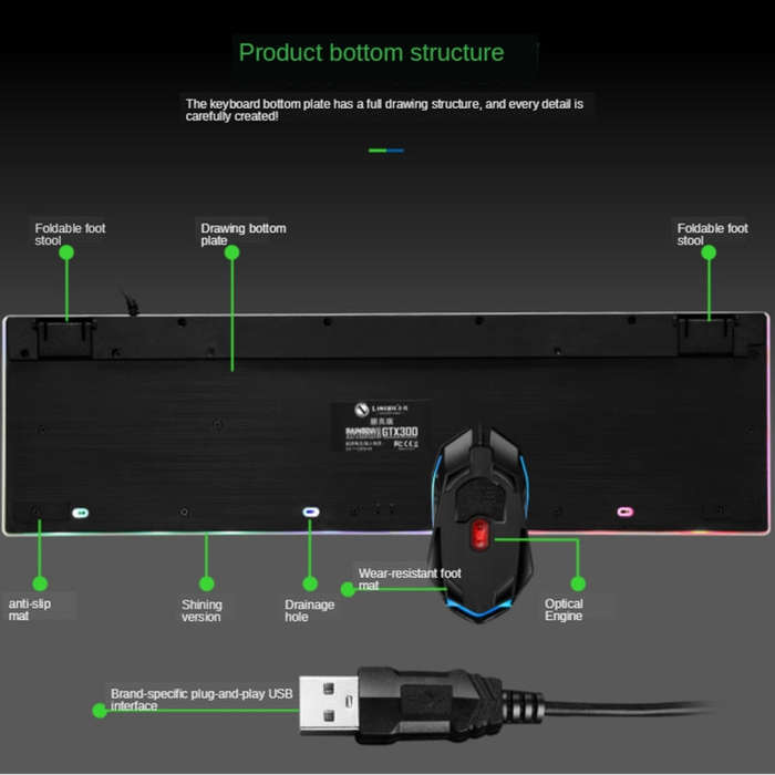 TX300 Mechanical Feel Backlight Punk Wired Keyboard Mouse Set (White)