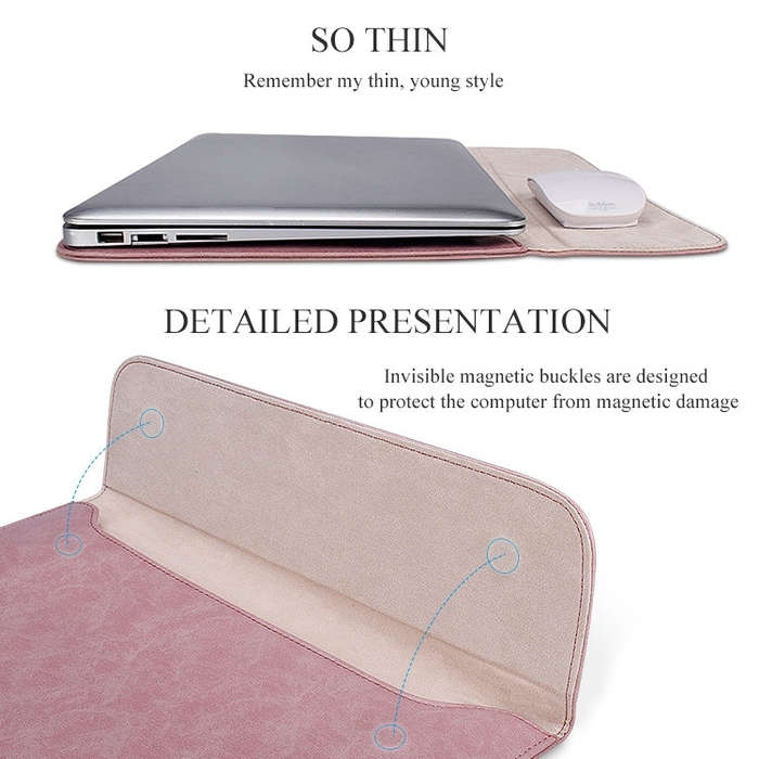PU01S PU Leather Horizontal Invisible Magnetic Buckle Laptop Inner Bag for 14.1 inch laptops (Pink)