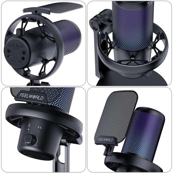 FEELWORLD VM1 USB Condenser Gaming Microphone for Streaming Noise Cancellation Mute RGB Light Des...