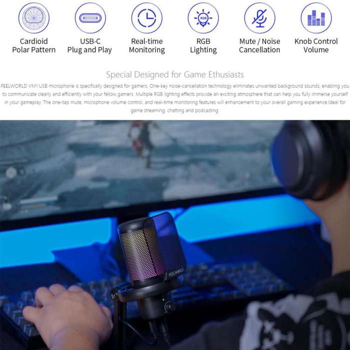 FEELWORLD VM1 USB Condenser Gaming Microphone for Streaming Noise Cancellation Mute RGB Light Des...