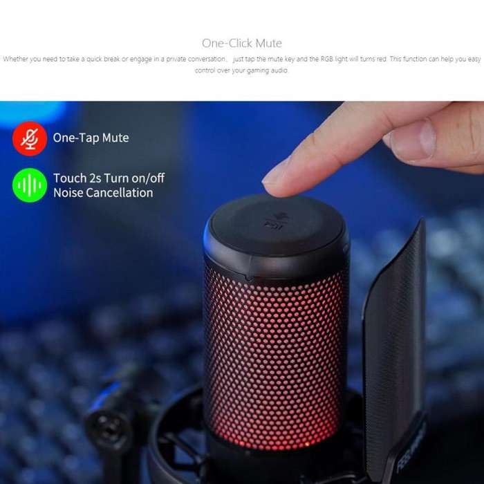 FEELWORLD VM1 USB Condenser Gaming Microphone for Streaming Noise Cancellation Mute RGB Light Des...