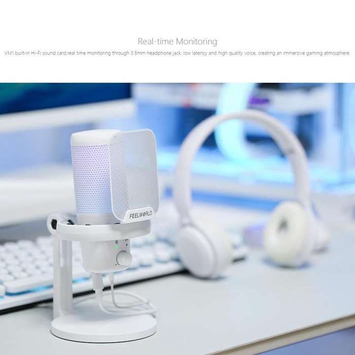 FEELWORLD VM1 USB Condenser Gaming Microphone for Streaming Noise Cancellation Mute RGB Light Des...