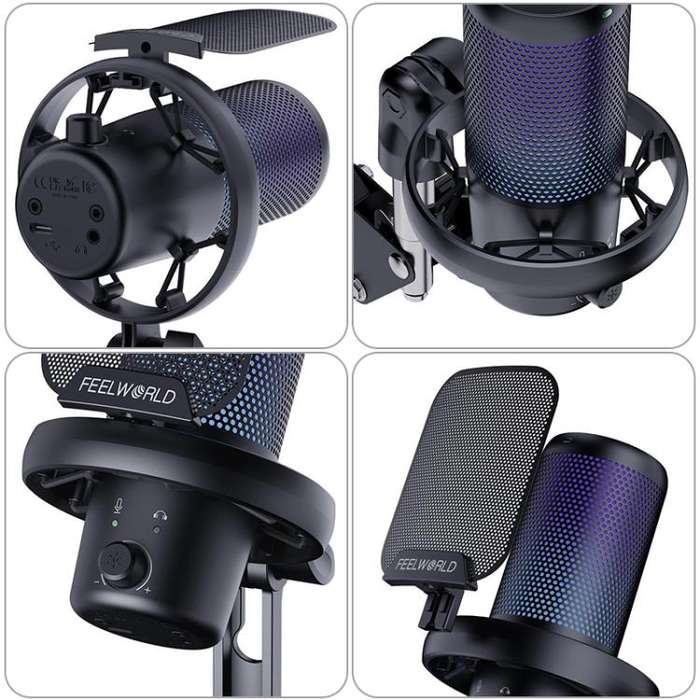 FEELWORLD VM1 USB Condenser Gaming Microphone for Streaming Noise Cancellation Mute RGB Light Boo...