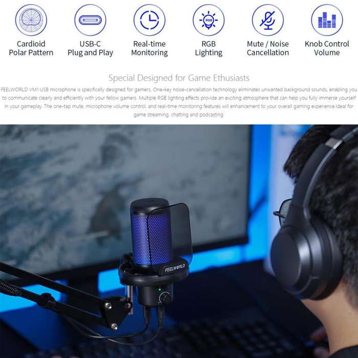 FEELWORLD VM1 USB Condenser Gaming Microphone for Streaming Noise Cancellation Mute RGB Light Boo...