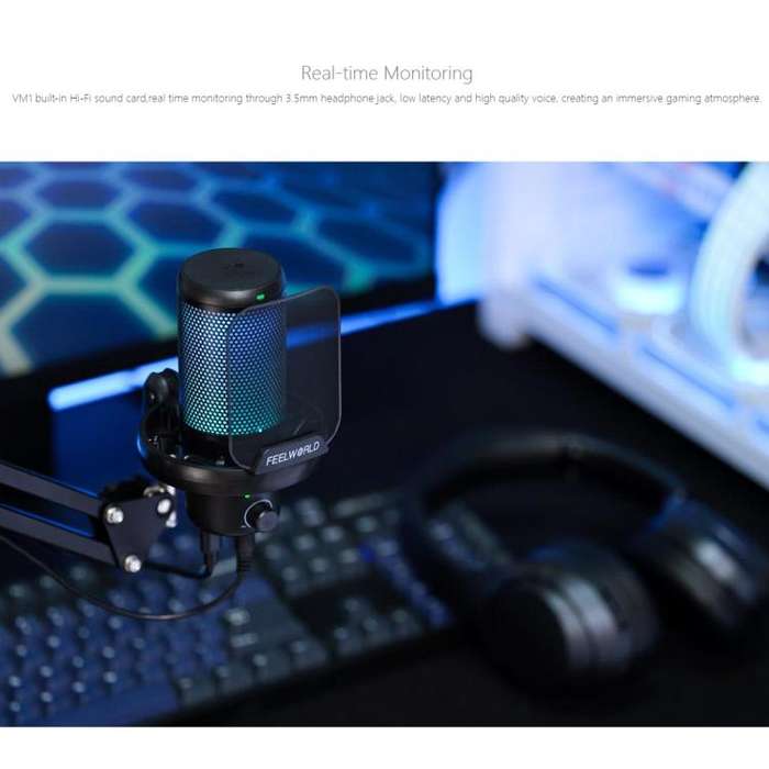 FEELWORLD VM1 USB Condenser Gaming Microphone for Streaming Noise Cancellation Mute RGB Light Boo...