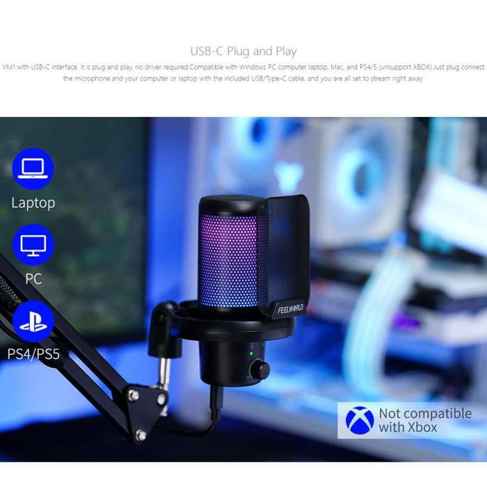 FEELWORLD VM1 USB Condenser Gaming Microphone for Streaming Noise Cancellation Mute RGB Light Boo...