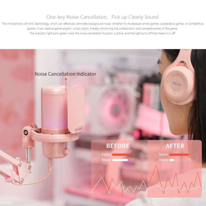 FEELWORLD VM1 USB Condenser Gaming Microphone for Streaming Noise Cancellation Mute RGB Light Boo...
