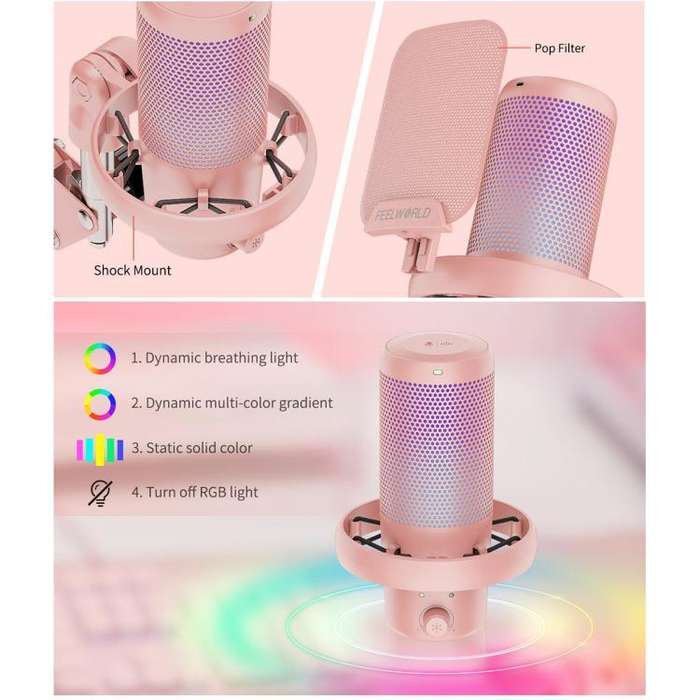 FEELWORLD VM1 USB Condenser Gaming Microphone for Streaming Noise Cancellation Mute RGB Light Boo...